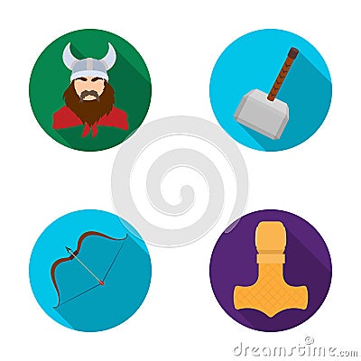 Viking in helmet with horns, mace, bow with arrow, treasure. Vikings set collection icons in flat style vector symbol Vector Illustration