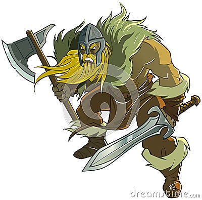 Viking holding sword and axe Cartoon Illustration