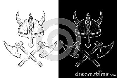 Viking horned helmet and crossed axes. Hand drawn sketch Vector Illustration