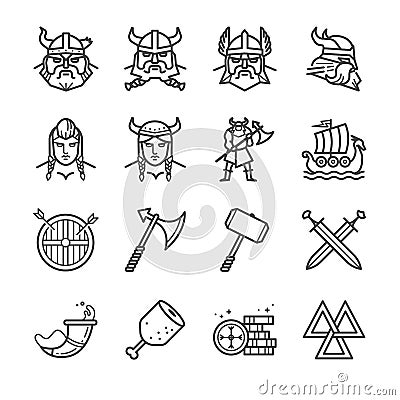 Viking line icons set Vector Illustration