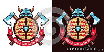 Viking logo with horned helmet, crossed axes and shield with dragons Vector Illustration