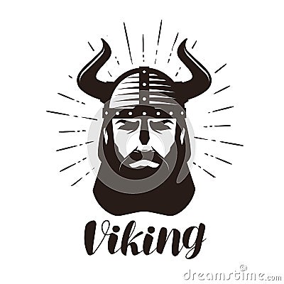 Viking logo or label. Portrait of bearded man in helmet with horns. Vector illustration Vector Illustration