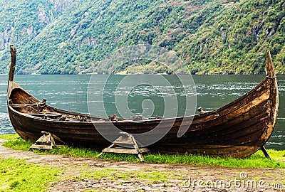 A viking longboat replica, near the the Norwegian fjord village called Flam Stock Photo