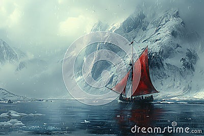 Viking longship navigating icy waters depicted with a Norse art style and cold Stock Photo