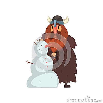 Viking making a snowman, comic medieval cartoon character vector Illustration Vector Illustration