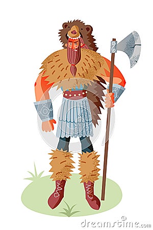 Viking man with weapon in bear skin. Medieval Norway people and mythology vector illustration. Angry scary man with Vector Illustration