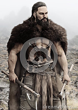 Viking Norse raider from Scandinavia holding duel bearded axes stands ready for battle to defend his homeland. Stock Photo