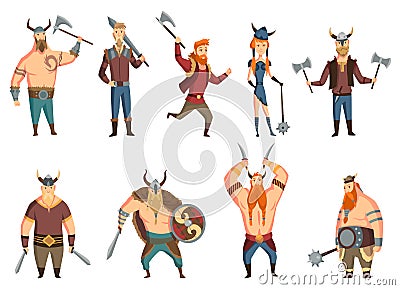 Viking people set with horned helmet, axe, sword and shield, knife, mace or hammer. Bearded men warriors, heroes of Vector Illustration