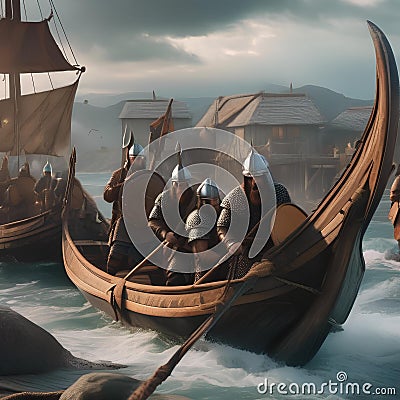 Viking raid, Fierce Viking warriors raiding a coastal village with longships and battle cries3 Stock Photo
