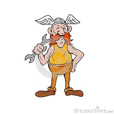 Viking Repairman Standing Spanner Cartoon Vector Illustration