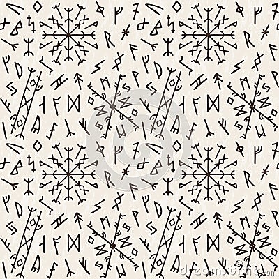 Viking rune pattern, norse symbols. Iceland nordic magic tattoo, runic futhark, nord signs. Decor textile, wrapping Vector Illustration