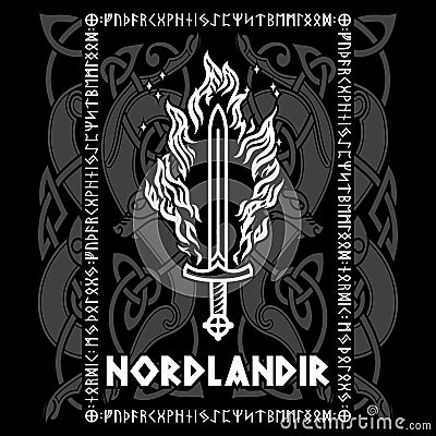 Viking, Scandinavian design. Viking flaming sword, Old Norse pattern with dragons and inscription - Norseman in Cartoon Illustration