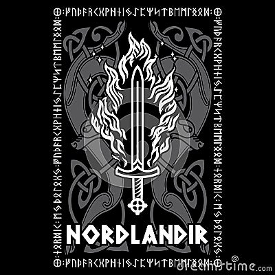 Viking, Scandinavian design. Viking flaming sword, Old Norse pattern with dragons and inscription - Norseman in Cartoon Illustration