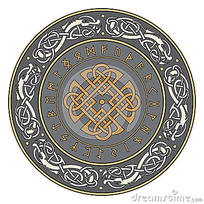 Viking shield, decorated with a Scandinavian pattern of dragons and scandinavian runes Vector Illustration