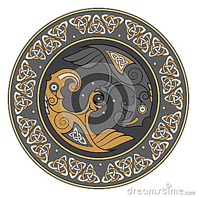 Viking shield, decorated with a Scandinavian pattern and Ravens of God Odin. Huginn and Muninn Vector Illustration