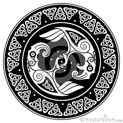 Viking shield, decorated with a Scandinavian pattern and Ravens of God Odin. Huginn and Muninn Vector Illustration