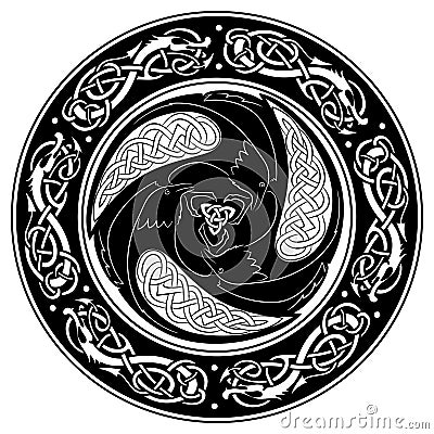 Viking shield, decorated with a Scandinavian pattern and Ravens of God Odin. Vector Illustration