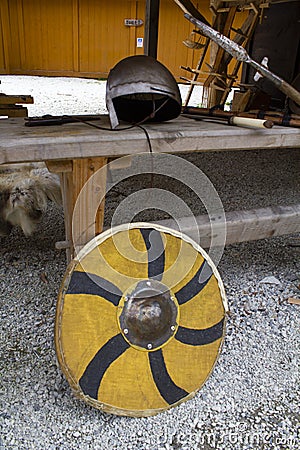 Viking shield, helmet and spear Stock Photo