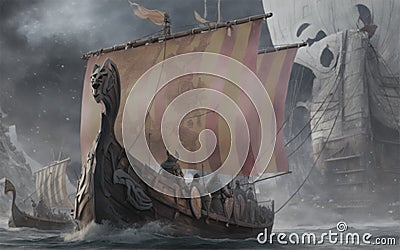 Viking ship being chased by an English caravel Cartoon Illustration