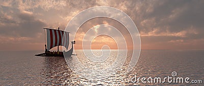 Viking ship at dusk Cartoon Illustration