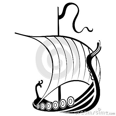 Viking ship sailing. Drakkar with a dragons head. Warship of the Vikings Vector Illustration