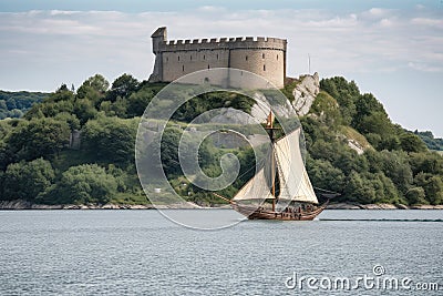 viking ship sailing past ancient castle, with dragonfly resting on the mast Stock Photo