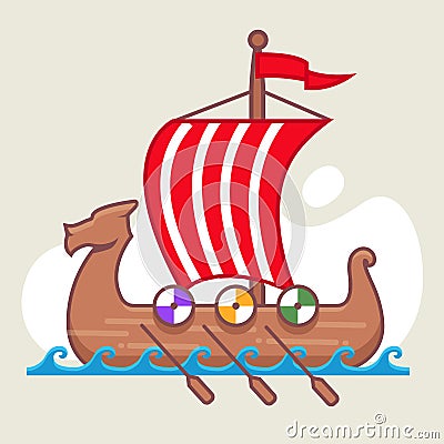 Viking ship sailing on the sea. full sails Cartoon Illustration