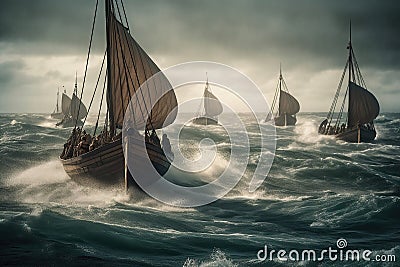 Viking ships fighting the storm. Wooden boats of the Vikings setting out to conquer created by generative AI Stock Photo