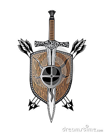 Viking sword arm shield arrow logotype tattoo Vector Illustration