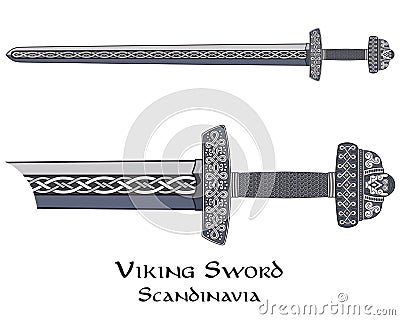 Viking sword decorated with Scandinavian pattern Cartoon Illustration