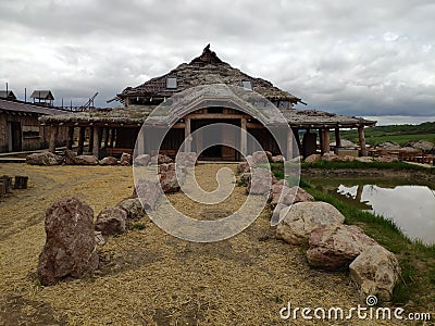 Viking village, historic buildings of the Scandinavian warriors, Vikings, the barbarians and their homes. Life and life in the Stock Photo