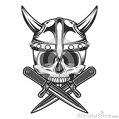 Viking skull serious medieval nordic warrior in horned helmet and battle knife illustration Vector Illustration