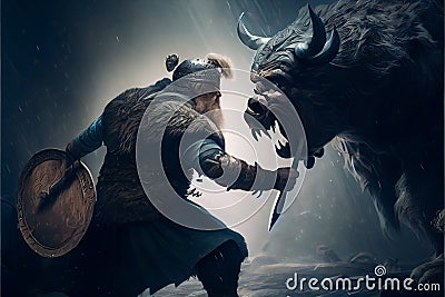 Viking warrior king fighting Cartoon Illustration