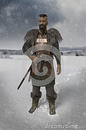 Viking warrior in the snow landscape Cartoon Illustration