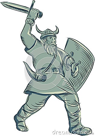 Viking Warrior Striking Sword Etching Cartoon Illustration