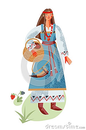Viking woman with basket full of berries. Medieval Norway people and mythology vector illustration. Young girl standing Vector Illustration