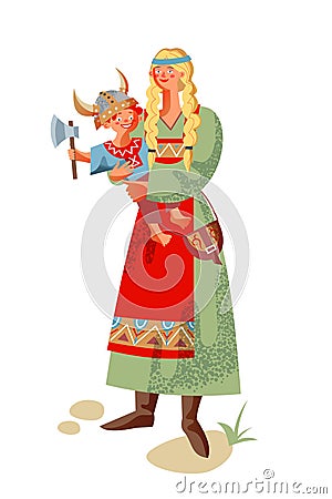 Viking woman with kid. Medieval Norway people and mythology vector illustration. Young mother with happy child standing Vector Illustration