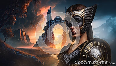 Viking woman with make up in valhalla against gates Stock Photo