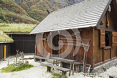 Viking wooden house entrance Stock Photo