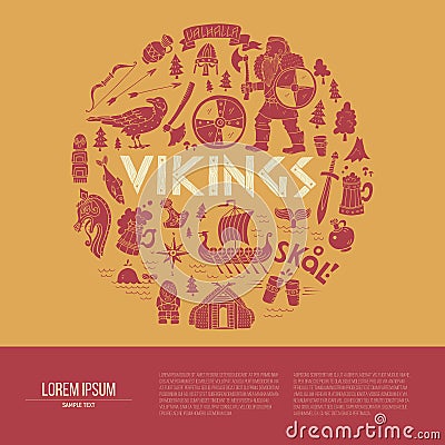 Vikings-background with text area. Handdrawn brochure template. Vector Illustration