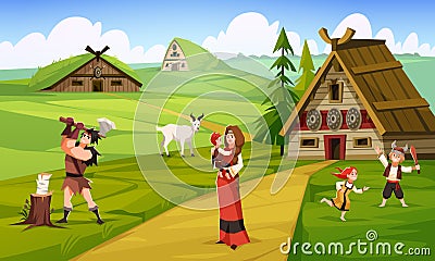 Vikings life. Peaceful cute inhabitants of ancient scandinavian village, woman with children, man chopping wood Vector Illustration