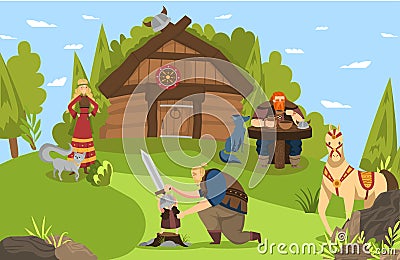 Vikings and scandinavian warriors family and house cartoon vector illustration from Scandinavia history mythology comic Vector Illustration