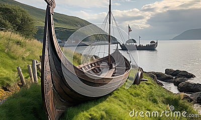 Vikings set foot on the unfamiliar shore Creating using generative AI tools Stock Photo