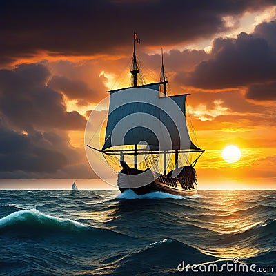 Vikings ships on the horizon of a stormy Cartoon Illustration