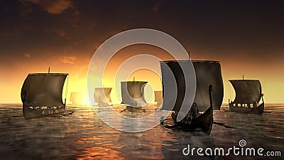 Vikings ships on the misty water Cartoon Illustration