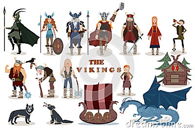 The Vikings. Viking cartoon characters. Vector Illustration