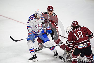 Viktor Tikhonov L and Marc Zanetti R, during KHL game between Dinamo Riga vs. SKA Saint Petersburg. Editorial Stock Photo