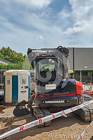 Viladecans, Spain - September 18, 2023: Portable temporary plastic toilet for construction work on the street. Editorial Stock Photo