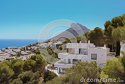 Villa in Altea Hills, Spain, Costa Blanca. Luxyry villa with swimming pool in mountains. Cartoon Illustration