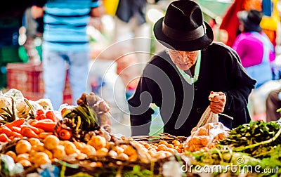 Villa de Leyva, Boyaca, Colombia - November 20th, 2014: Old indigenous woman buying fresh procucts on market Editorial Stock Photo